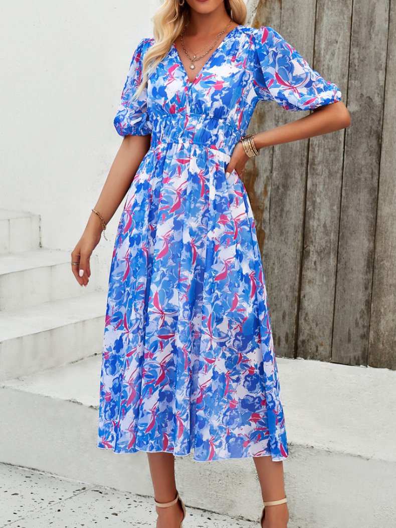 V-Neck Lantern Sleeves Printed Elastic Waist Chiffon Dress