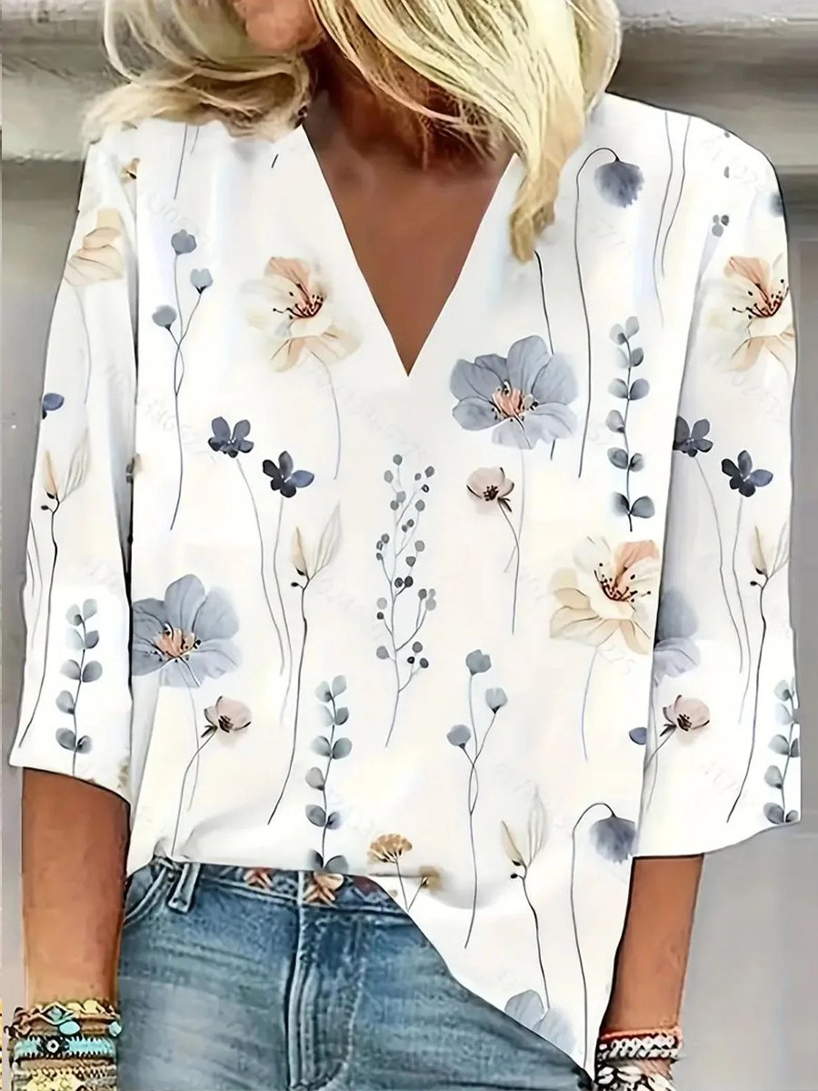 Printed Casual V Neck T-Shirt