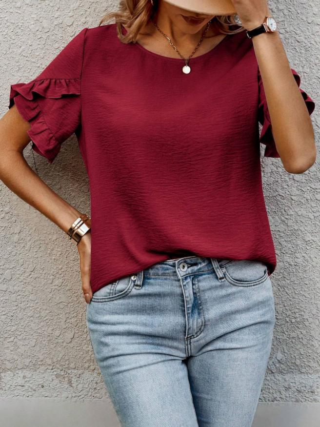 Elegant Round Neck Linen Petal Sleeves Blouse