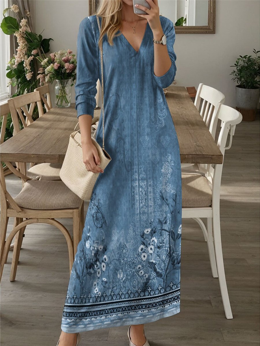 V-neck Long Sleeve Maxi Dress