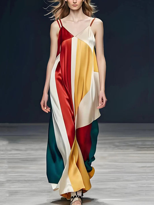 V-Neck Spaghetti Strap Colorblock Silk Dress