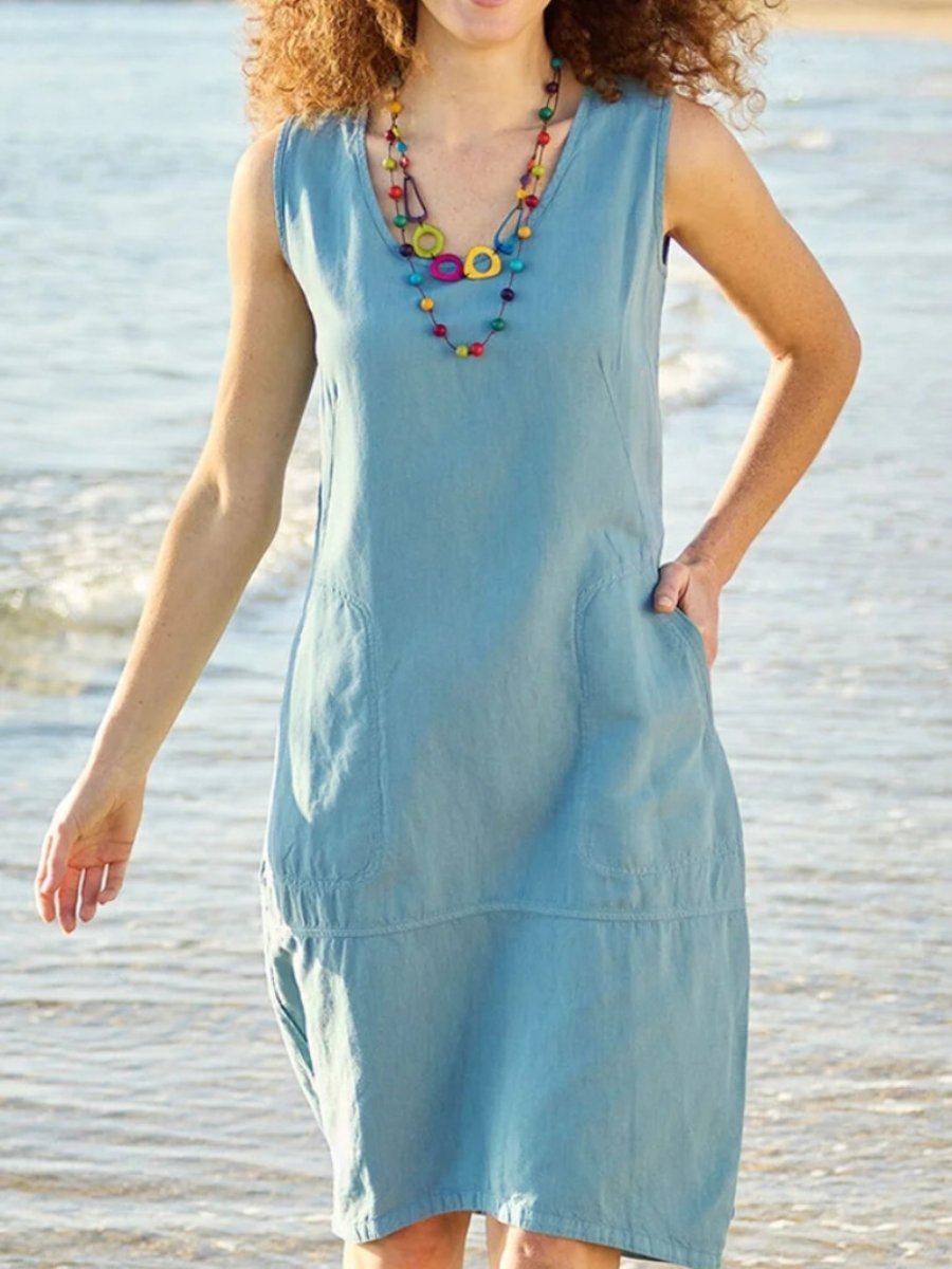 U-neck Cotton and Linen Sleeveless Dress