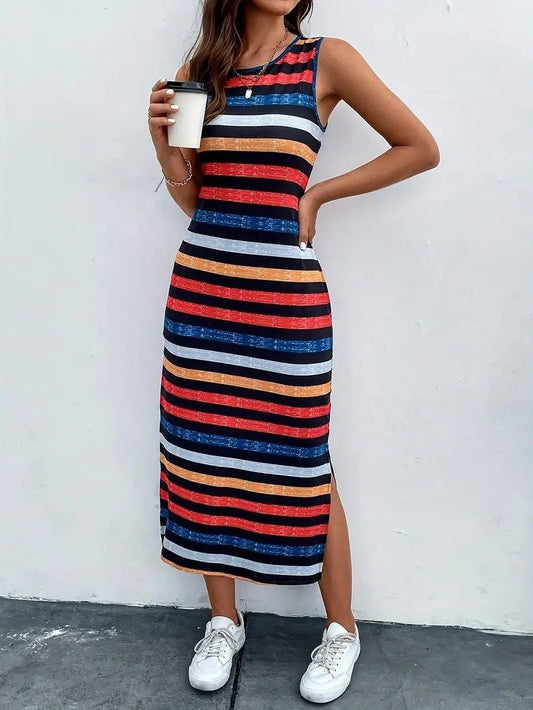 Classic Stripe Graphic Sleeveless Casual Dress