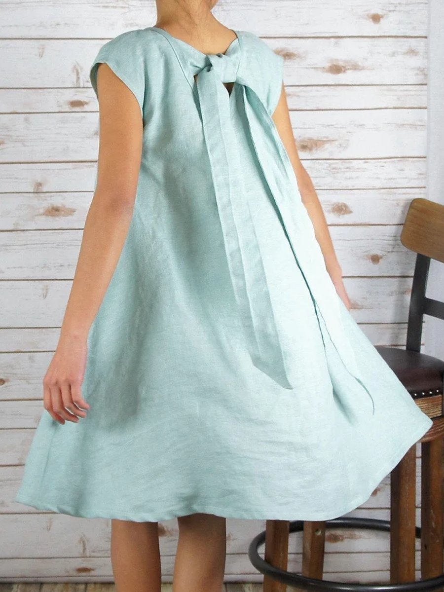 Bow Short Sleeve Cotton Linen Midi Dress