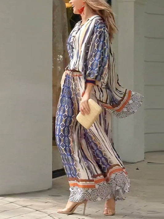 Ethnic Style Printed Top and Pants Two-piece Set