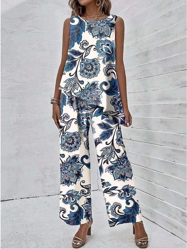 Sleeveless Diagonal Top Printed Pants Set