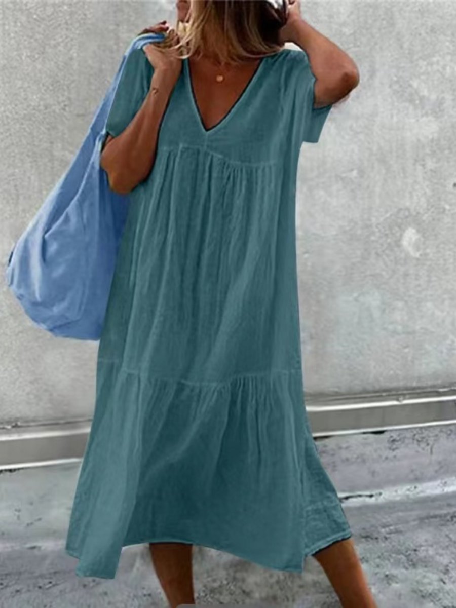 V-neck Cotton and Linen Maxi Dress