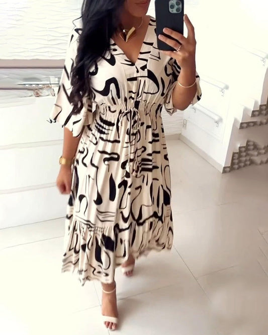 V-Neck Waist Inkprint Dress