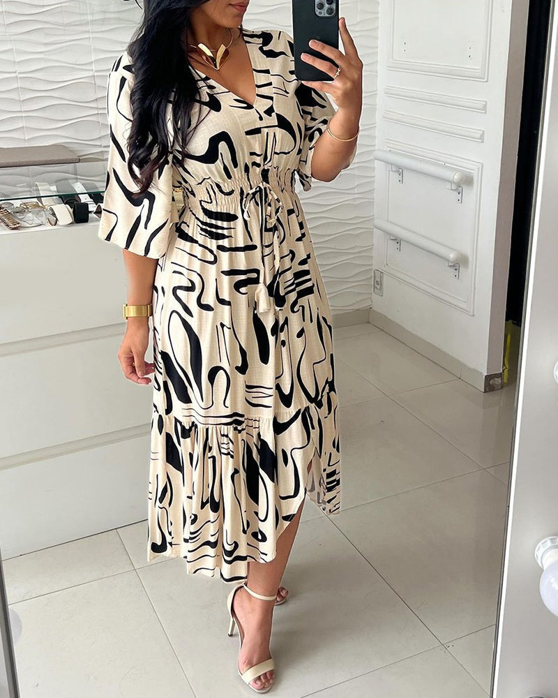 V-Neck Waist Inkprint Dress