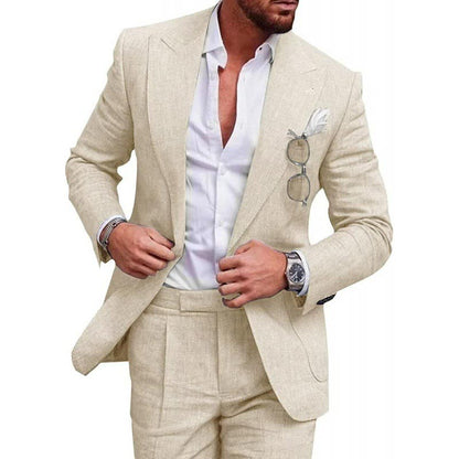 Men’s Breathable Linen Formal Suit Blazer and Pants 2-piece Set