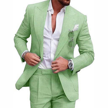 Men’s Breathable Linen Formal Suit Blazer and Pants 2-piece Set