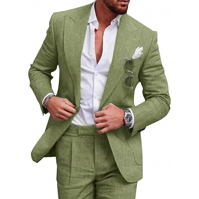 Men’s Breathable Linen Formal Suit Blazer and Pants 2-piece Set