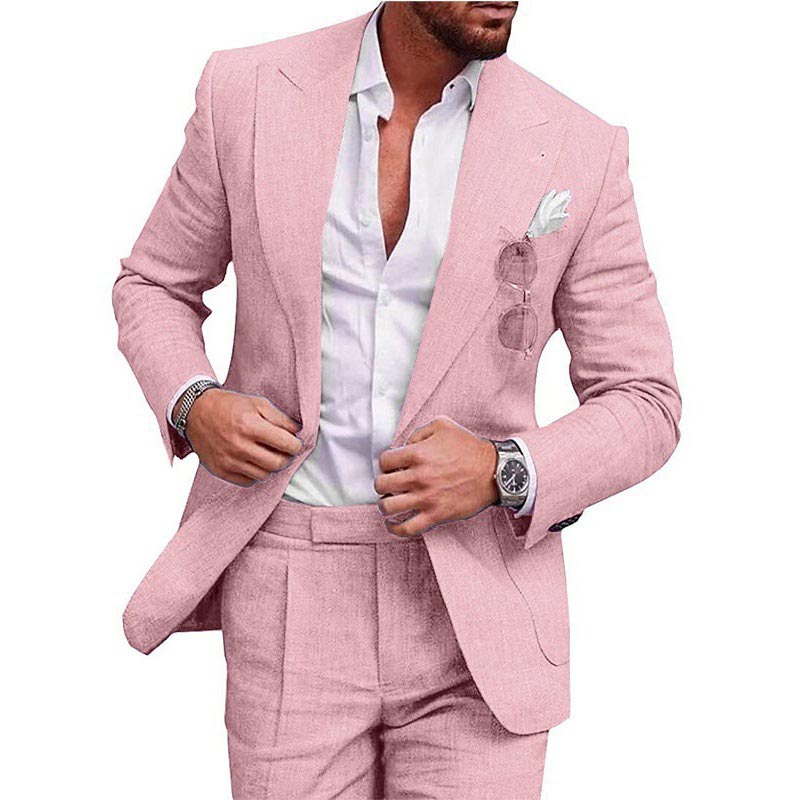 Men’s Breathable Linen Formal Suit Blazer and Pants 2-piece Set