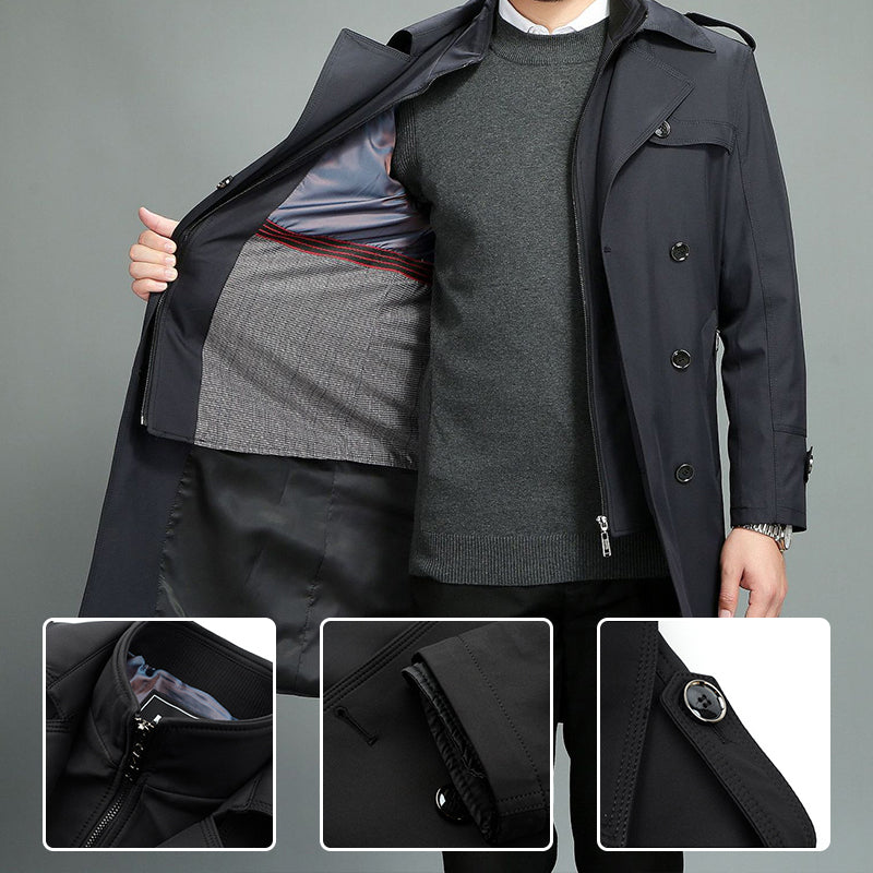 Men's Casual Zippered Lapel Trench Coat with Detachable Liner